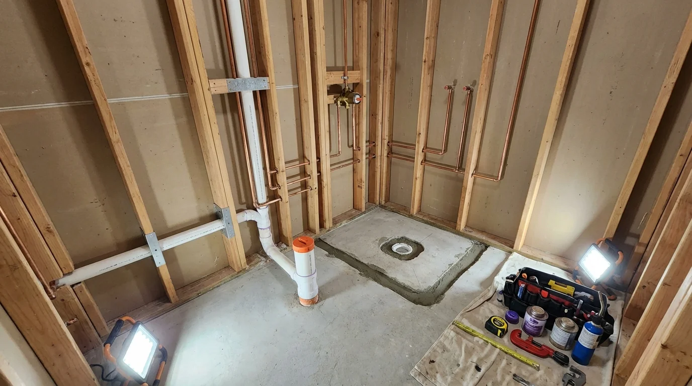 Bathroom rough-in plumbing during remodel by Johns Plumbing LLC in Palmer