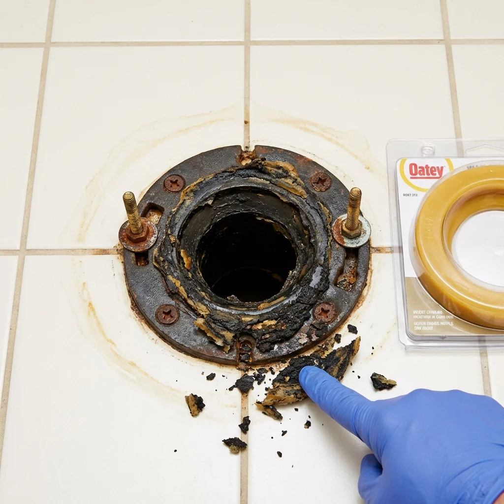 Failed wax ring showing water seepage at the base of a toilet in a Palmer, MA home